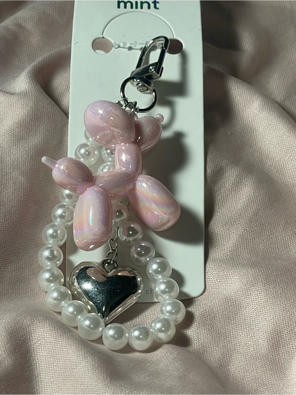 Mint Pink Iridescent Balloon Dog Keychain with Pearl Bead Heart Charm